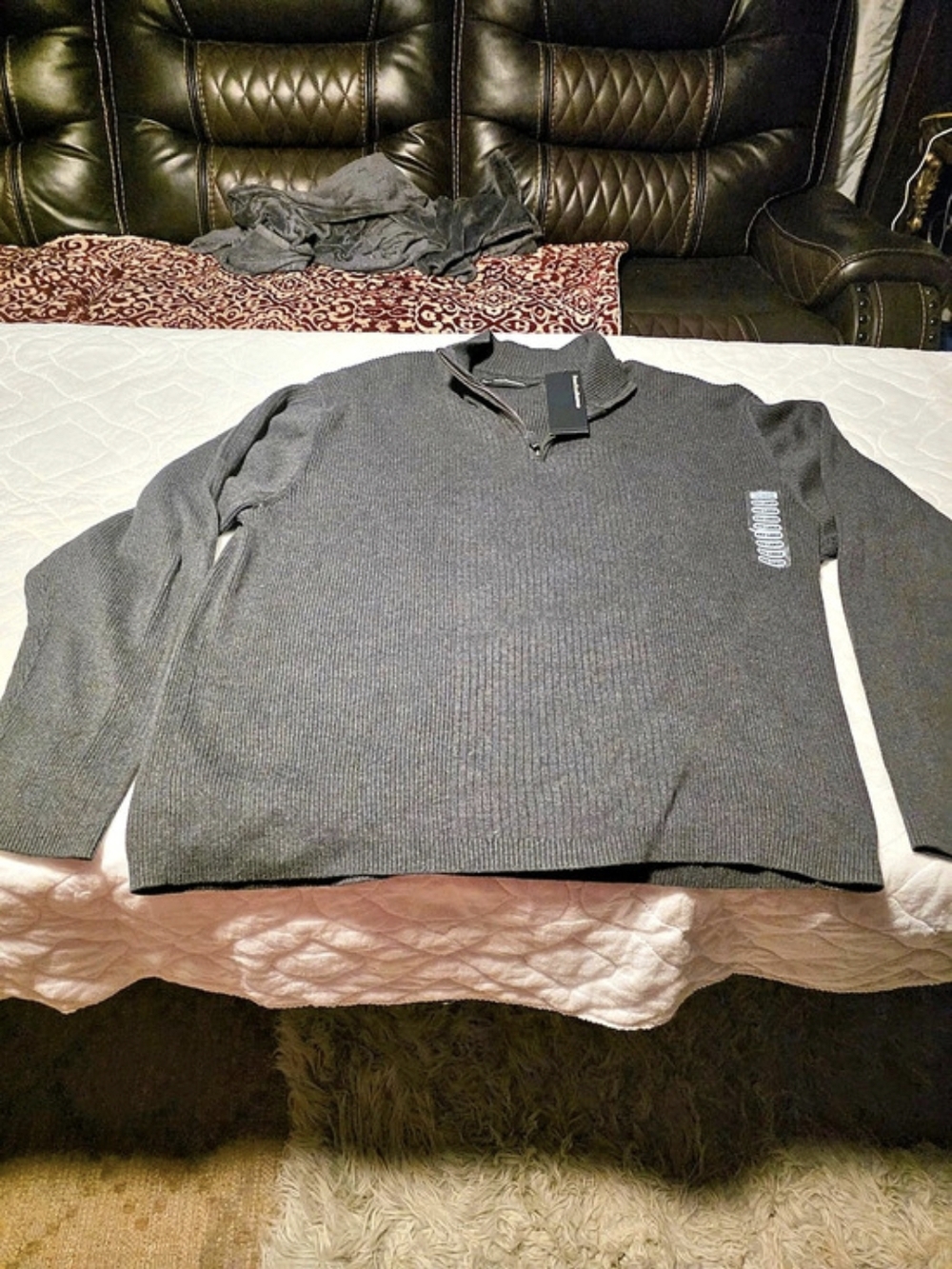 Perry Ellis Portfolio Ribbed Mock Neck Quarter Zip Sweater Gray Sweater